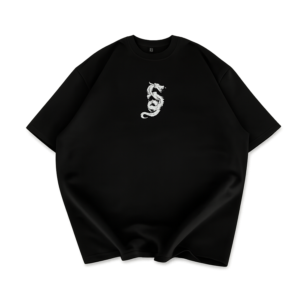 Baskılı Oversize Bisiklet Yaka T-shirt - Siyah