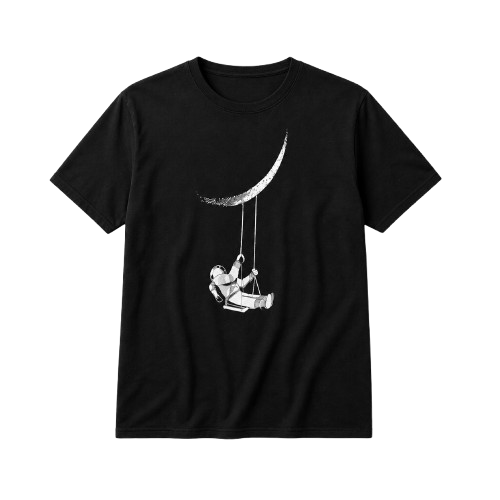 Erkek Astronot Ay Temalı Tişört Kısa Kol Yazlık Bisiklet Yaka T-Shirt - Siyah