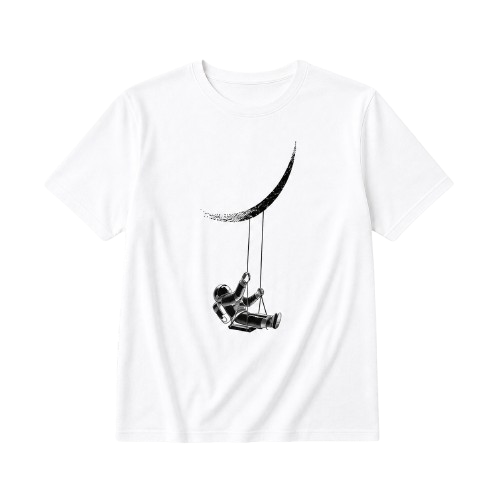 Erkek Astronot Ay Temalı Tişört Kısa Kol Yazlık Bisiklet Yaka T-Shirt - Beyaz