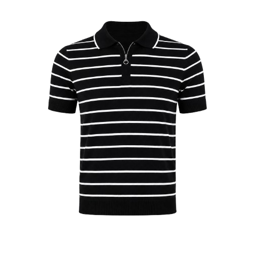 Erkek Triko Polo Yaka Fermuarlı Çizgili Tişört T-Shirt Yazlık Şık - Siyah